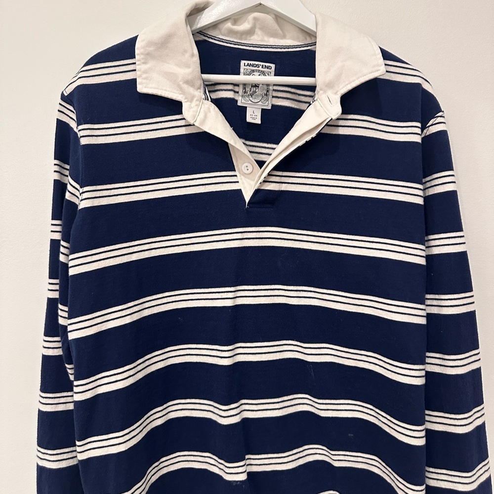 Lands' End Navy and Cream Rugby Shirt